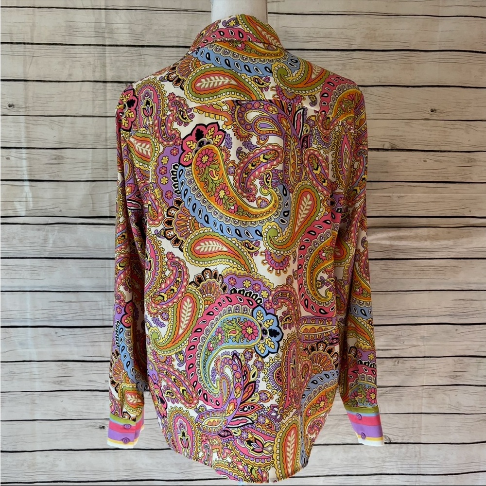 Rachel Zoe Paisley Button-Front Silky Blouse in Pink Multi - Picture 6 of 10